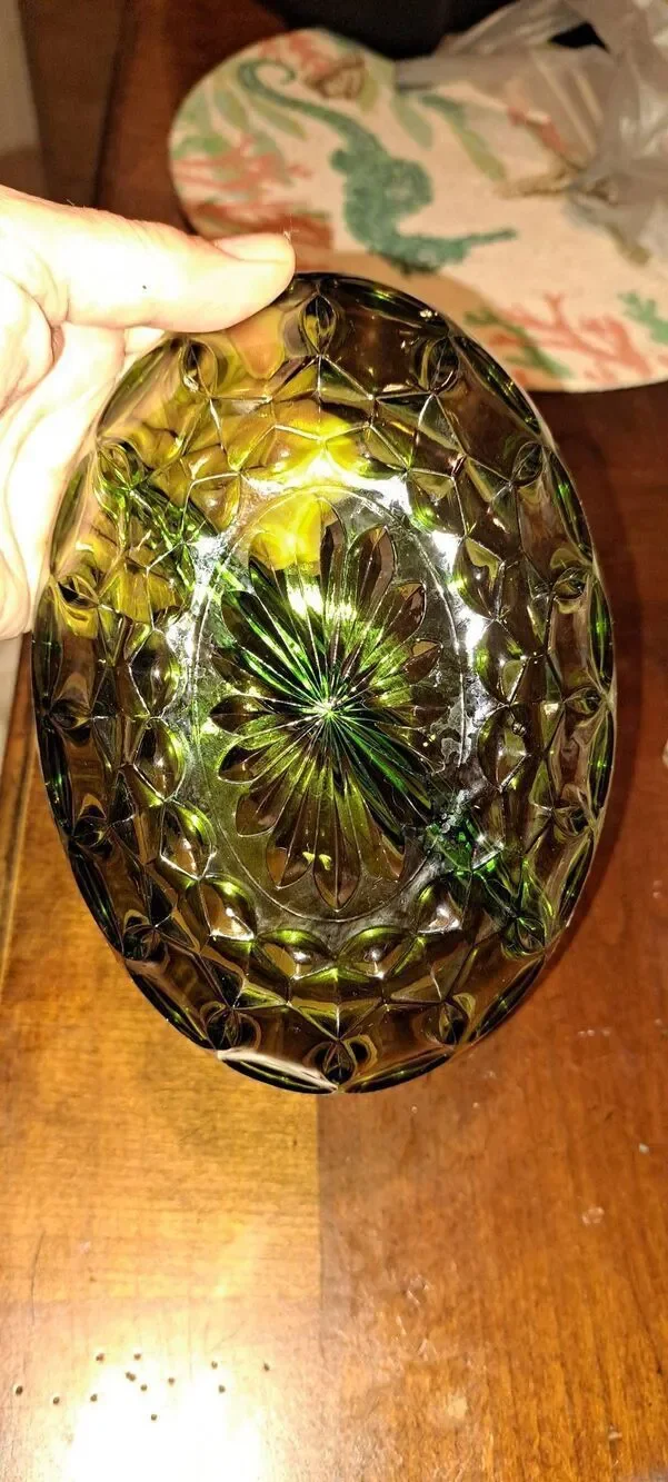 Vintage Olive Green Pressed Glass Divided Relish Dish / Candy Nut Bowl Scalloped